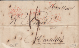 1839 LETTRE HEIDELBERG Pour MARSEILLE. ENTRÉE BADE STRASB 1. GRIFFES HEIDELBERG, 5, BADE R. 2;  TAXE PLUME 15  /  606 - Entry Postmarks