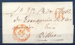 1847 , PREFILATELIA , ASTURIAS , ENVUELTA CIRCULADA ENTRE OVIEDO Y BILBAO, BAEZA EN ROJO , LLEGADA - ...-1850 Prephilately