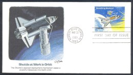 USA 1981 Cover: Space Weltraum Nasa :Space Shuttle At Work In Orbit; Telescope Kennedy Space Center Cancellation - United States