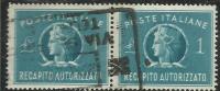 ITALIA REPUBBLICA ITALY REPUBLIC 1947 RECAPITO AUTORIZZATO TURRITA LIRE 1 LIRA COPPIA USATA PAIR USED OBLITERE´ - Fiscali