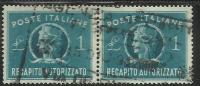 ITALIA REPUBBLICA ITALY REPUBLIC 1947 RECAPITO AUTORIZZATO TURRITA LIRE 1 LIRA COPPIA USATA PAIR USED OBLITERE´ - Fiscali