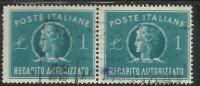 ITALIA REPUBBLICA ITALY REPUBLIC 1947 RECAPITO AUTORIZZATO TURRITA LIRE 1 LIRA COPPIA USATA PAIR USED OBLITERE´ - Fiscali