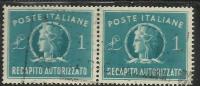 ITALIA REPUBBLICA ITALY REPUBLIC 1947 RECAPITO AUTORIZZATO TURRITA LIRE 1 LIRA COPPIA USATA PAIR USED OBLITERE´ - Fiscali