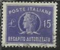 ITALIA REPUBBLICA ITALY REPUBLIC 1949 1952 RECAPITO AUTORIZZATO TURRITA LIRE 15 RUOTA WHEEL USATO USED OBLITERE´ - Revenue Stamps