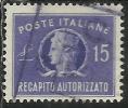 ITALIA REPUBBLICA ITALY REPUBLIC 1949 1952 RECAPITO AUTORIZZATO TURRITA LIRE 15 RUOTA WHEEL USATO USED OBLITERE´ - Revenue Stamps