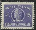 ITALIA REPUBBLICA ITALY REPUBLIC 1949 1952 RECAPITO AUTORIZZATO TURRITA LIRE 15 RUOTA WHEEL USATO USED OBLITERE´ - Revenue Stamps