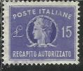 ITALIA REPUBBLICA ITALY REPUBLIC 1949 1952 RECAPITO AUTORIZZATO TURRITA LIRE 15 RUOTA WHEEL USATO USED OBLITERE´ - Revenue Stamps