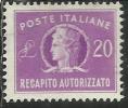 ITALIA REPUBBLICA ITALY REPUBLIC 1949 1952 RECAPITO AUTORIZZATO TURRITA LIRE 20 RUOTA III WHEEL USATO USED OBLITERE´ - Revenue Stamps