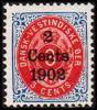 1902. Surcharge. Copenhagen Surcharge. 2 Cents 1902 On 3 C. Blue/red. Inverted Frame. (Michel: 25 II) - JF180537 - Danish West Indies