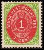 1873-1874. Bi-coloured. 1 C. Green/red. Inverted Frame. Perf. 14x13½. 7th Print. (Michel: 5 IIb) - JF180451 - Dänisch-Westindien