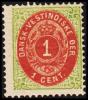 1873-1874. Bi-coloured. 1 C. Green/red. Inverted Frame. Perf. 14x13½. 7th Print. Pos. 63. (Michel: 5 IIb) - JF180450 - Deens West-Indië