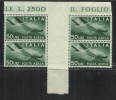 ITALY REPUBLIC ITALIA REPUBBLICA 1945 1946 DEMOCRATICA POSTA AEREA LIRE 50 VERDE PONTE DI 4 GUTTER PAIR MNH - Poste Aérienne