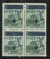 OCCUPAZIONE JUGOSLAVA DI TRIESTE 1945 LIRE 1 SU 25 CENT. QUARTINA BLOCK MNH - Ocu. Yugoslava: Fiume