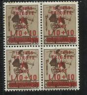 OCCUPAZIONE JUGOSLAVA DI TRIESTE 1945 SOPRASTAMPATO D'ITALIA ITALY OVERPRINTED LIRE 10 + 10 SU 30 C. QUARTINA BLOCK MNH - Ocu. Yugoslava: Trieste