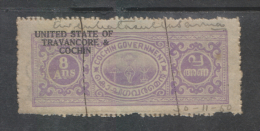 TRAVANCORE & COCHIN State  8A  Court Fee Type 10  # 87897  Inde Indien  India Fiscaux Fiscal Revenue - Travancore-Cochin