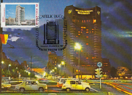 BUCHAREST-INTERCONTINENTAL HOTEL BY NIGHT, CAR, CM, MAXICARD, CARTES MAXIMUM, 1987, ROMANIA - Hotel- & Gaststättengewerbe