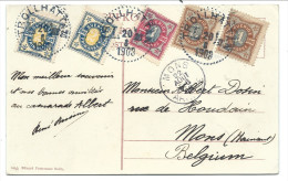 Carte Affr. 1o Rge + 1o Brun X2 + 2o Bleu X2 Càd Perlé TROLLHATAN/1908 Pour La Belgique - Briefe U. Dokumente