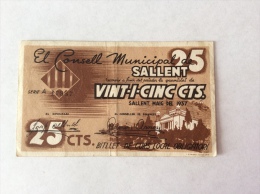 BILLET 25 CTS EL CONSELL MUNICIPAL DE SALLENT 1937 SERIE A CIRCULATED - Other & Unclassified