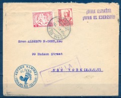 1938 , GUERRA CIVIL , SEVILLA , SOBRE CIRCULADO ENTRE CORIA DEL RIO Y NUEVA YORK , CENSURA MILITAR, AUXILIO DESVALIDOS - Storia Postale