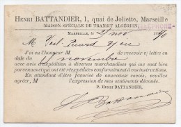 1890 - CARTE COMMERCIALE De MARSEILLE (MAISON SPECIALE DE TRANSIT ALGERIEN) - Autres & Non Classés