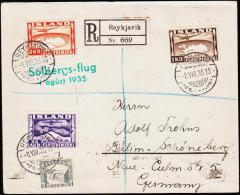 1935. Solbergs-flug I Agust 1935. 2 Kr. + 1 Kr. + 25 Aur + 5 Aur REYKJAVIK 8.VIII. 35. ... (Michel: 180B) - JF180925 - Covers & Documents