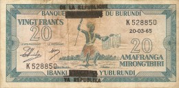 Billet - BURUNDI - 20 FRANCS - ROYAUME Surchargé REPUBLIQUE  - 20/03/1965 - - Burundi