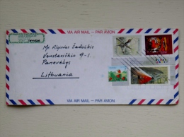 Cover Sent From Canada To Lithuania On 1998 Fauna Animals Bird Oiseaux Woodpecker Fish Fishing Year Of Tiger - Storia Postale