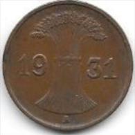 Germany  Weimar 1 Pfennig 1931 A  Km 37  Xf - 1 Renten- & 1 Reichspfennig