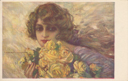 T. CORBELLA, GLAMOUR, YOUNG LADY WITH YELLOW ROSES, EX Cond. PC Mailed - Corbella, T.