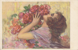 T. CORBELLA, GLAMOUR, YOUNG LADY WITH RED ROSES, EX Cond. PC Mailed - Corbella, T.