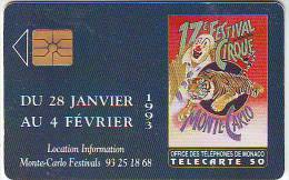 17 ème FESTIVAL DE MONTE CARLO 1993 - TELECARTE 50 U - Tirage 100 000 Ex - Le PRINCE RAINIER III - PIERRE SILVY - Mónaco