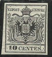 ANTICHI STATI ITALIANI ASI LOMBARDO VENETO 1850 STEMMA CENT. 10 C. NERO MH BEN MARGINATO FIRMATO SIGNED - Lombardy-Venetia