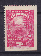 United States State Of Indiana 1943 5 C. Intangible Tax 2-Sided Perf. & 2-Sided Imperf. MNH** - Fiscal