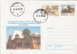 33102- BUCHAREST- STAVROPOLEOS MONASTERY, ARCHITECTURE, COVER STATIONERY, 1999, ROMANIA - Abbayes & Monastères