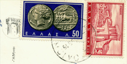 *GRECE : Timbres Sur Carte Athenes (1965) Série Touristique, Monnaie, Médaille (2 Scans) - Lettres & Documents