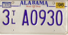 VERITABLE Plaque D'immatriculation - Etats-Unis - ALABAMA 1996 - Heart Of Dixie - Dixieland - Plaques D'immatriculation