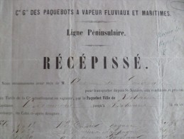 Récépissé CIe Gle Des Paquebots à Vapeur. Ligne Péninsulaire 1857 Saint Nazaire à Lisbonne. Champagne, Vin,... - Transports