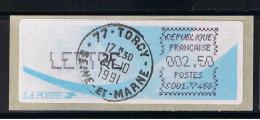 ATM, LETTRE 2.50, OBLITETEE, ENCRE NOIRE, LSA, CROUZET , AIGUILLES DECALEES, PAPIER COMETE, BUREAU DE TORCY, C001 77468. - 1981-84 Types « LS » & « LSA » (prototypes)