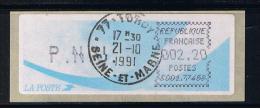 ATM, PNU 2.20, OBLITETEE, 21/10/19 ENCRE NOIRE, LSA, CROUZET , AIGUILLES DECALEES, PAPIER COMETE,  DE TORCY, C001 77468. - 1981-84 Types « LS » & « LSA » (prototypes)