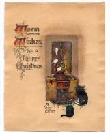 CHROMO Carte Gaufrée A Cosy Corner Warm Wishes For A Happy Christmas Chats Cheminée Feu - Unclassified