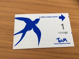 Ticket De Transport * (Bus, Tramway) TAM "1 Voyage (hirondelle Bleue Sur Fond Blanc)" Montpellier (34) - Europe