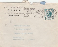 MONACO - Yvert 425A Seul Sur Lettre Entête CAPLA Caoutchouc Et Plastique Flamme  Monte Carlo Vous Attend 1958 - Cartas & Documentos