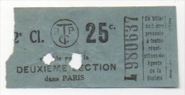 Ticket/Billet De Tram. Tramways Parisiens. T.C.R.P.  25 C. 2e Classe. Publicité Nicolas Au Dos. - Europe