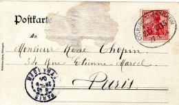 COLMAR - ENSISHEIM Haut Rhin AMBULANT Du 27.3.1904 Sur 10 PF Allemand Pour PARIS Cpa COLMAR Route De Rouffach Poste .. G - Railway Post