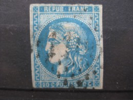 YT N° 46   20 C Bleu,   Oblitéré   1870 - 1871 - 1870 Ausgabe Bordeaux