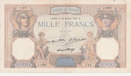 - BILLETS -  1000 F - CERES ET MERCURE -  N° - J 1592 - 146 -  29 OCTOBRE 1931 . U . - 1 000 F 1927-1940 ''Cérès Et Mercure''