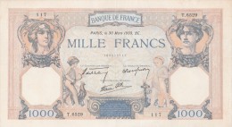 - BILLETS -  1000 F - CERES ET MERCURE -  N°T . 6529 - 117 - 30 MARS 1939 . BE  - . - 1 000 F 1927-1940 ''Cérès Et Mercure''