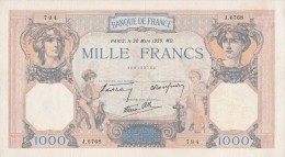 - BILLETS -  1000 F - CERES ET MERCURE -  N°J . 6868 - 794 - 30 MARS 1939 . MD  - . - 1 000 F 1927-1940 ''Cérès Et Mercure''