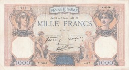 - BILLETS -  1000 F - CERES ET MERCURE -  N°- N 6066 - 457  -  2 FEVRIER 1939 - CS - - 1 000 F 1927-1940 ''Cérès Et Mercure''