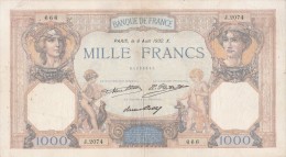 BILLETS - 1000 F CERES ET MERCURE - N° J 2074 - 666 - 4 AOUT 1932 . X - - 1 000 F 1927-1940 ''Cérès Et Mercure''